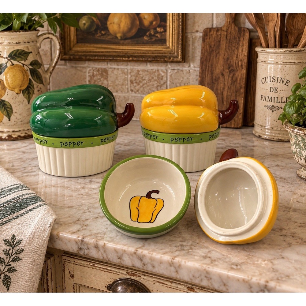 Ceramic Green And Yellow Bell Pepper Casserole Dish Judy Phipps (10-b0)